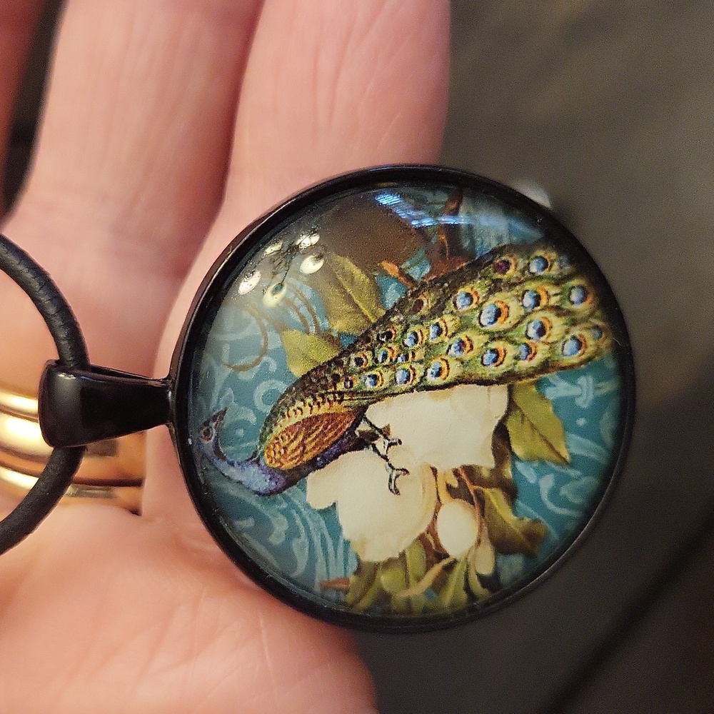Colorful Domed Peacock Pendant Necklace